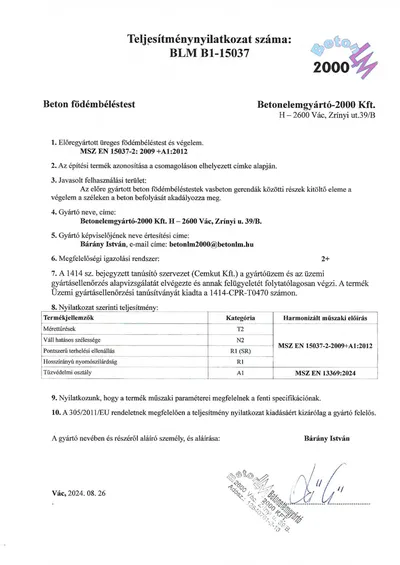 Teljesítménynyilatkozat: Beton födémbéléstest