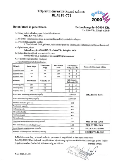 Teljesítménynyilatkozat: Betonfalazó és pincefalazó