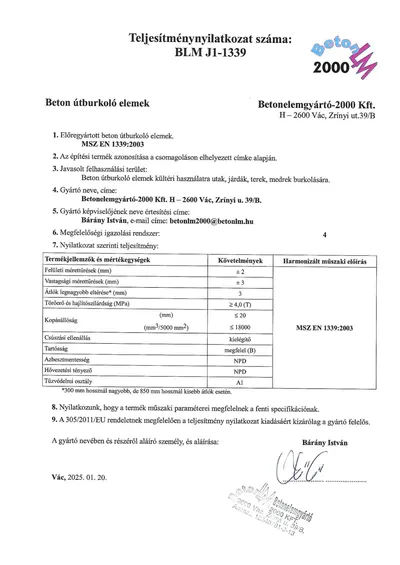 Teljesítménynyilatkozat: Beton útburkoló elemek