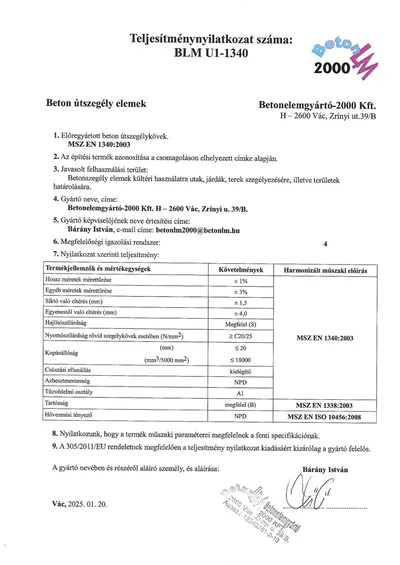 Teljesítménynyilatkozat: Beton útszegély elemek