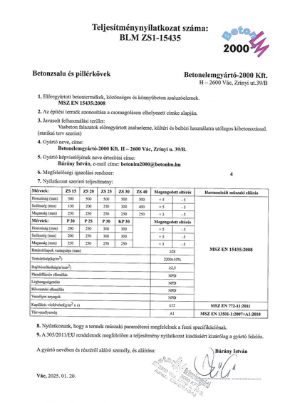 Teljesítménynyilatkozat: Betonzsalu és pillérkövek